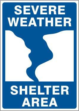 Severe Weather Shelter Area Sign With Tornado Picto, Fiberglass, Blue/White, 14x10"