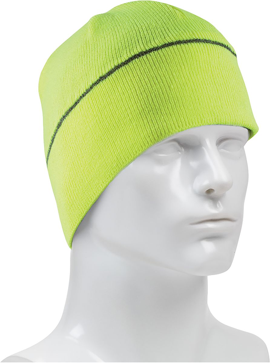 Beanie Cap, Hi-Viz Lime, One Size, Polyester, 1-Layer, Cap Coverage, Silver Reflective Stripe