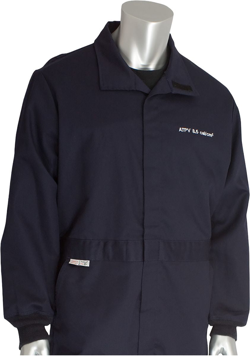 AR/FR Coverall, Navy, 4X-Large, 7 Oz., Cotton/Nylon, ATPV 9.2 cal/cm², Hook and Loop Closure, AR/FR Dual Certified Coverall