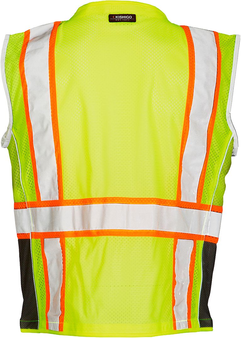 Vest, Black Sides, Reflective Trim Around Arms, Zipper Front, Two-Tone, Polyester Mesh, Lime, Medium, Vest, Black Sides