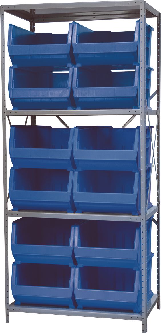 Super-Size AkroBin® Steel Shelving System, 4 Shelves, 12 Blue Bins ...