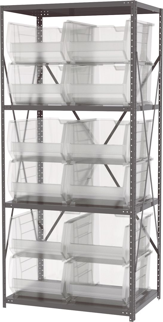 Super-Size AkroBin® Steel Shelving System, 4 Shelves, 12 Clear Bins ...