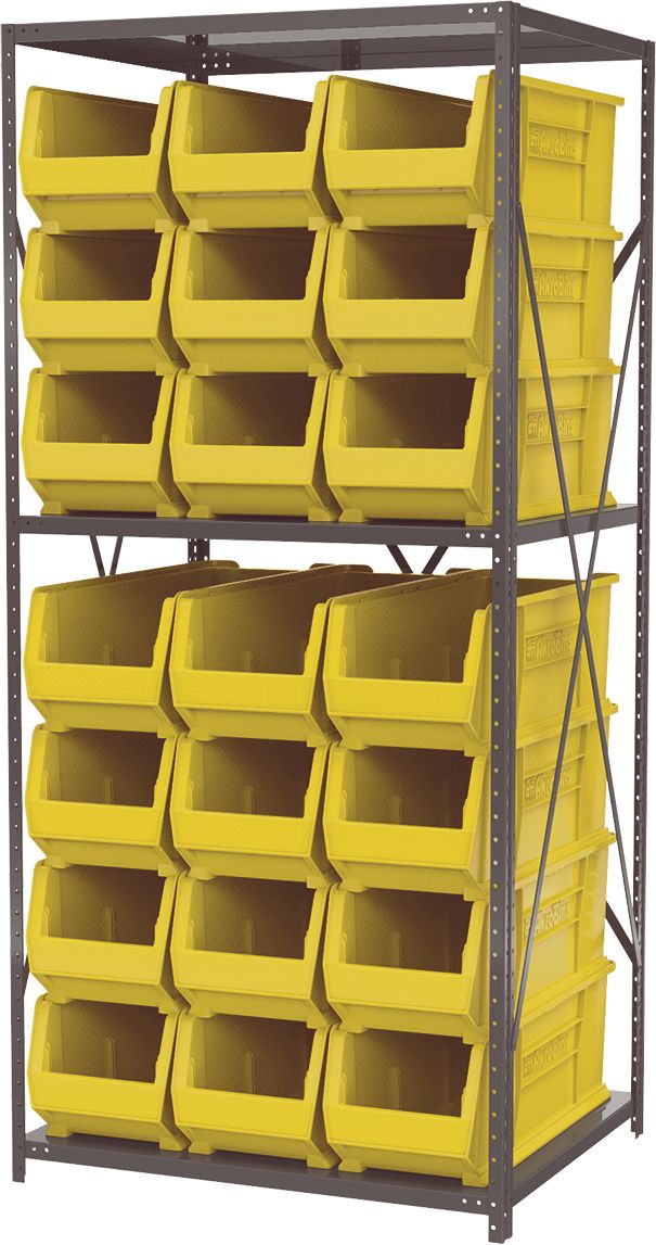 Super-Size AkroBin® Steel Shelving System, 3 Shelves, 24 Yellow Bins ...