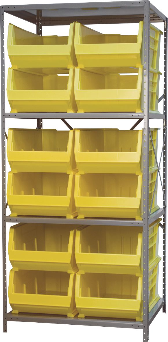 Super-Size AkroBin® Steel Shelving System, 4 Shelves, 12 Yellow Bins ...