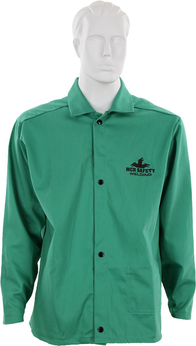 Flame Resistant Welding Jacket, Green, 3X-Large, Cotton, Snap Front Closure, 30