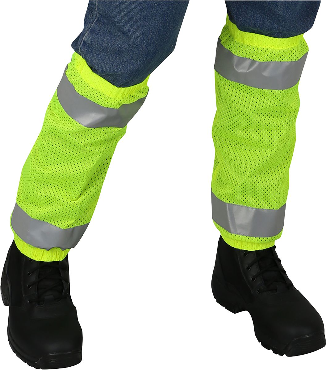 Gaiters, Hi-Viz Lime, One Size, Polyester Mesh, Hook and Loop Closure, ANSI, Class E, 2" Silver Reflector Width