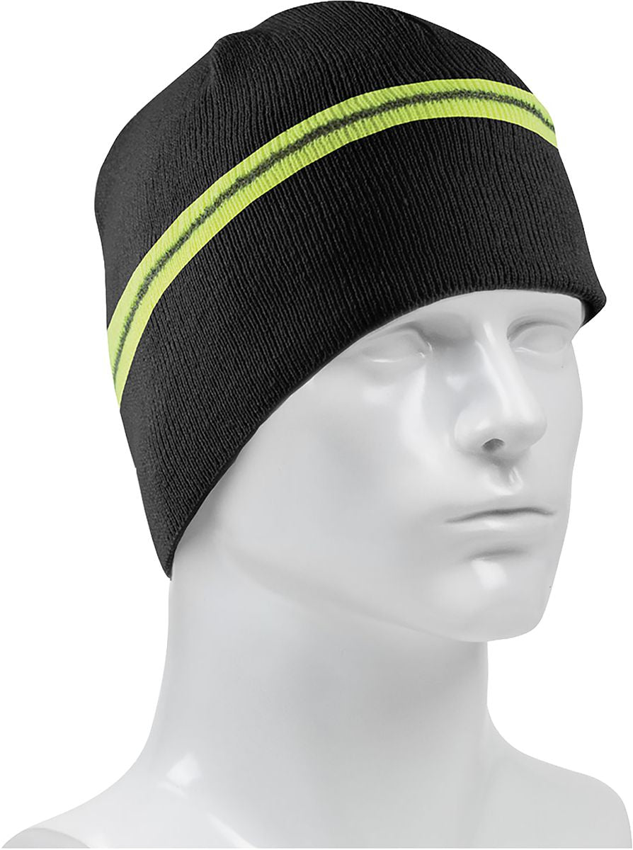Beanie Cap, Black, One Size, Polyester, 1-Layer, Cap Coverage, Silver Reflective Stripe