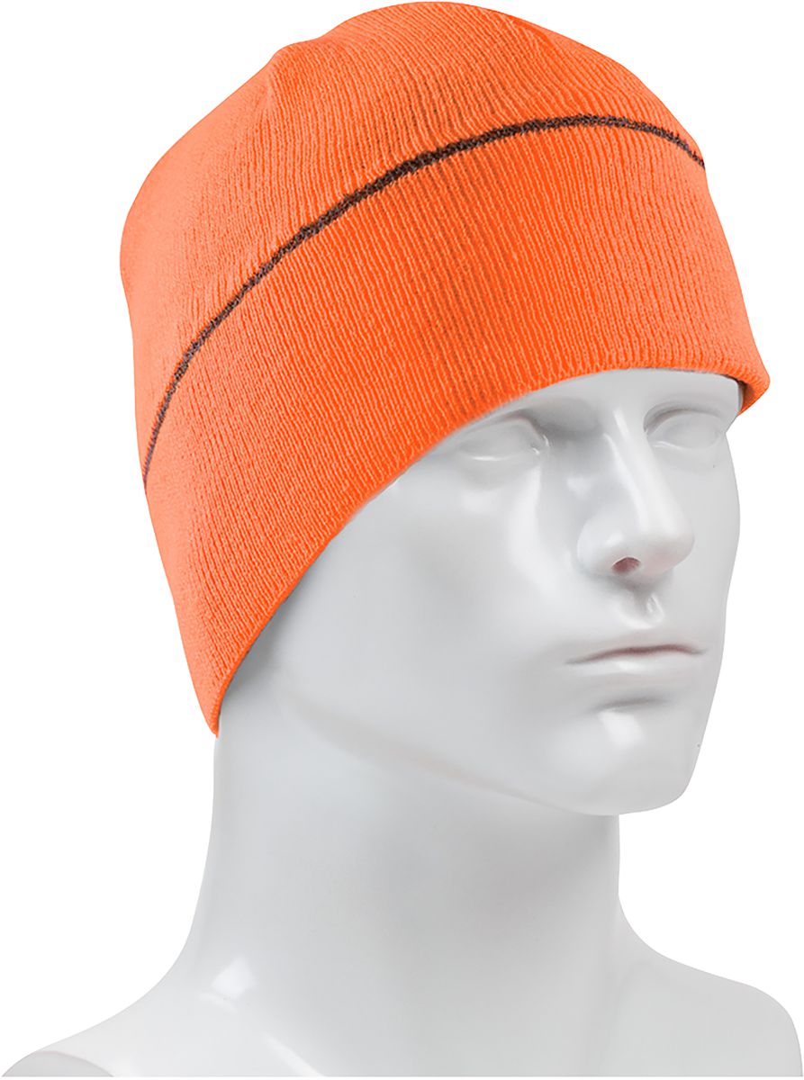 Beanie Cap, Hi-Viz Orange, One Size, Polyester, 1-Layer, Cap Coverage, Silver Reflective Stripe