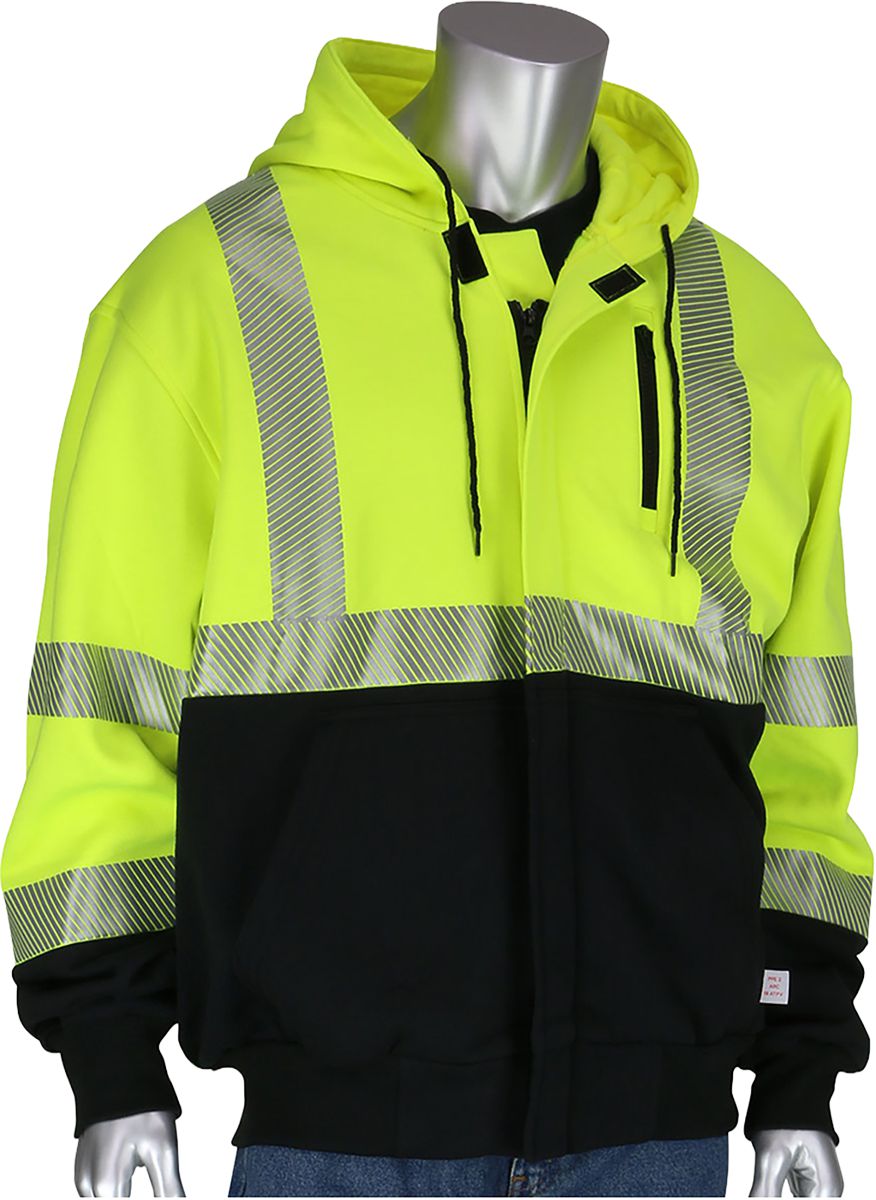 AR/FR Sweatshirt, Hi-Viz Yellow, X-Large, 11.2 Oz., Fleece, Black Bottom, Class 3, Type R, Flame Resistant Hooded Sweatshirt