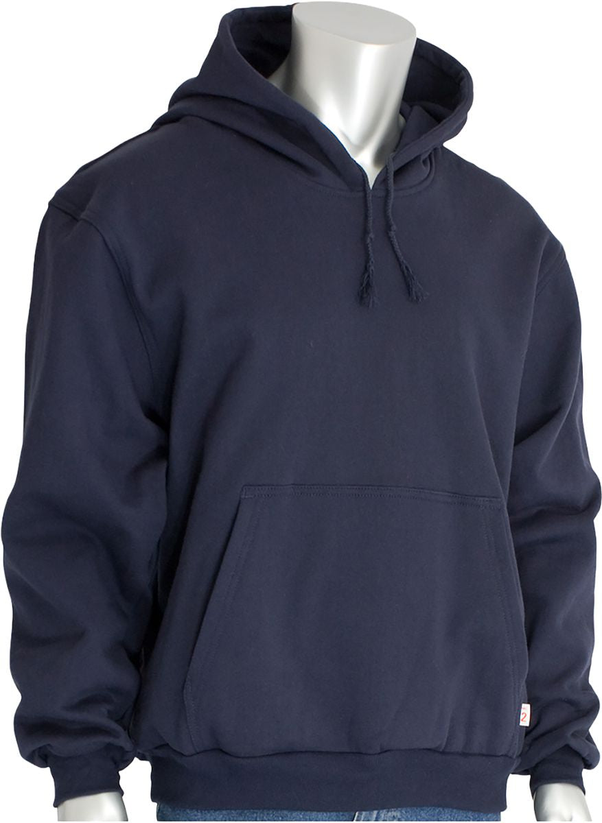 AR/FR Hooded Sweatshirt, Navy, 5X-Large, 12 oz Cotton, Fleece, ATPV 23.3 cal/cm², Pullover Closure, 1-Patch Pocket