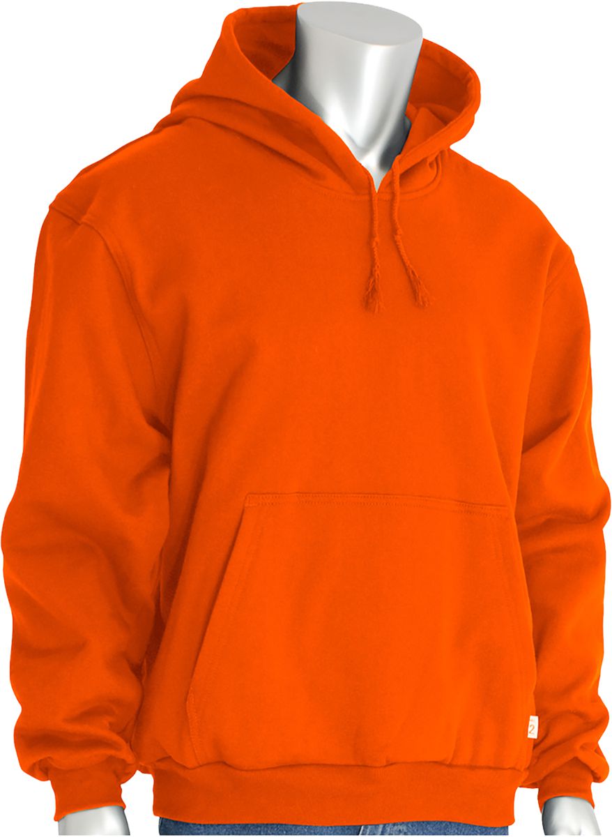 AR/FR Hooded Sweatshirt, Orange, 4X-Large, 12 oz Cotton, Fleece, ATPV 23.3 cal/cm², Pullover Closure, 1-Patch Pocket