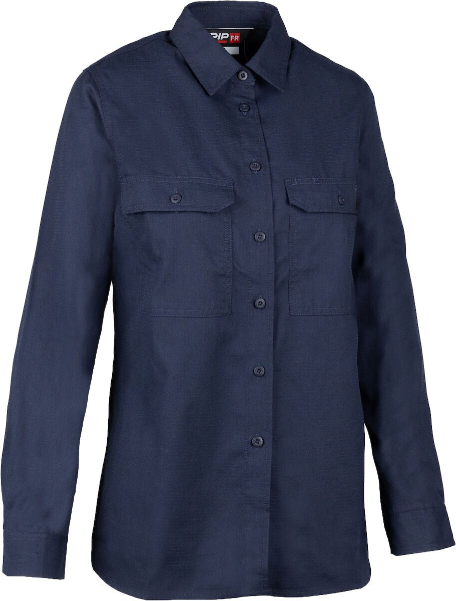 Long Sleeve Women Work Shirt, Navy, X-Large, Aramid Blend, Cotton, Modacrylic, Ripstop, 2-Pockets, Button Closure