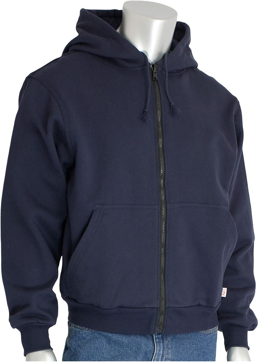AR/FR Hooded Sweatshirt, Navy, 5X-Large, 12 oz Cotton, Fleece, ATPV 23.3 cal/cm², Zipper Closure, 2-Slash Pockets