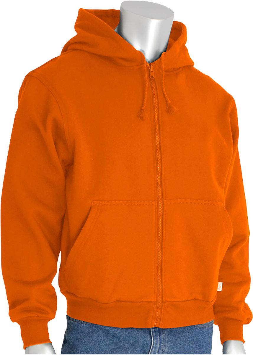 AR/FR Hooded Sweatshirt, Orange, 4X-Large, 12 oz Cotton, Fleece, ATPV 23.3 cal/cm², Zipper Closure, 2-Slash Pockets