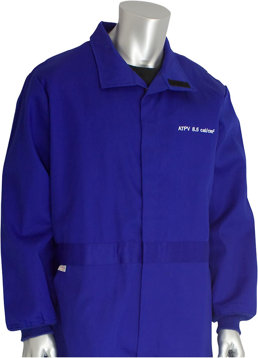 AR/FR Coverall, Blue, 4X-Large, 7 oz Cotton, Nylon, ATPV 9.2 cal/cm², Hook and Loop Closure, 2-Pockets, HRC Level 2