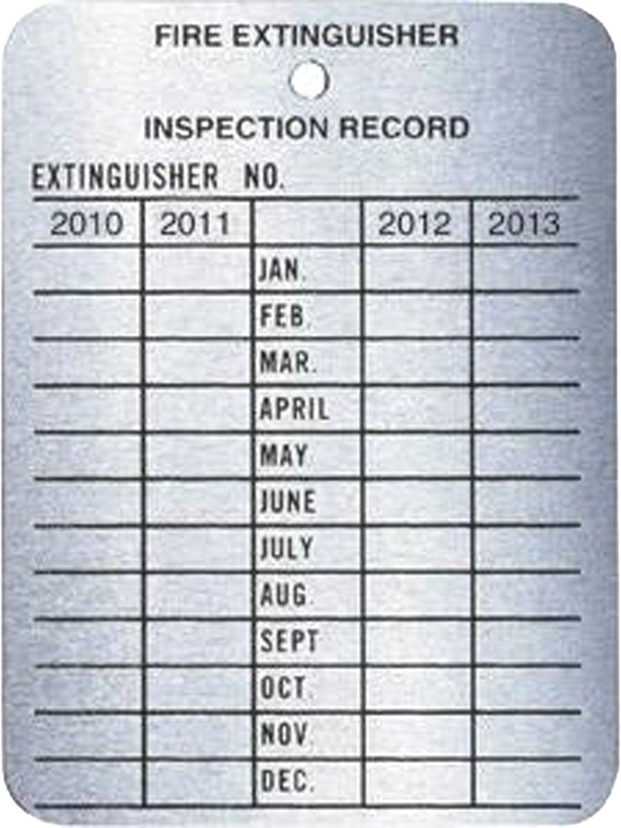 Fire Extinguisher Inspection Tags, White, Metal, 3" High x 2-1/4" Wide