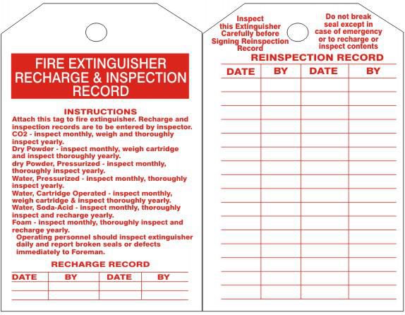 Fire Extinguisher Recharge & Inspection Record (Front), Reinspection Record Tag (Back),Lmntd Tag Brd