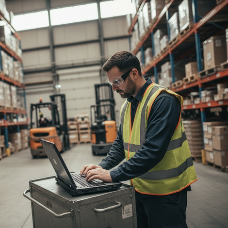 Worker in a warehouse using a laptop, wearing a hard hat and safety vest.