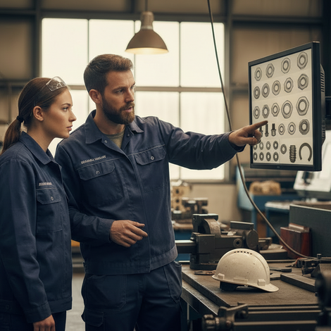 Two workers in a factory setting looking at a screen with various icons.