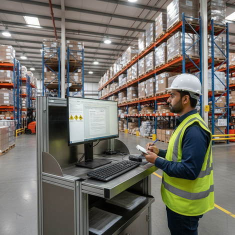 Worker in a warehouse using a computer system.