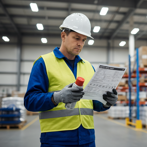 Worker in a warehouse wearing a hard hat and safety vest, holding a document.