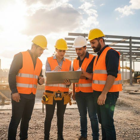 Four construction workers in high-visibility vests and hard hats discussing a tablet on a construction site.